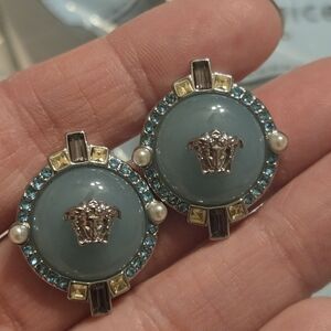 Blue and Gold Medusa Iconic Logo Pierced Silver Tone Earrings